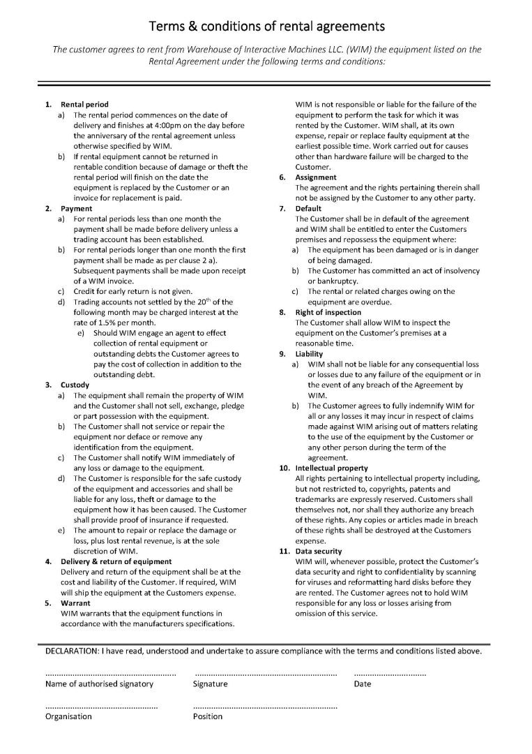 Form Terms and conditions Rental Agreement 